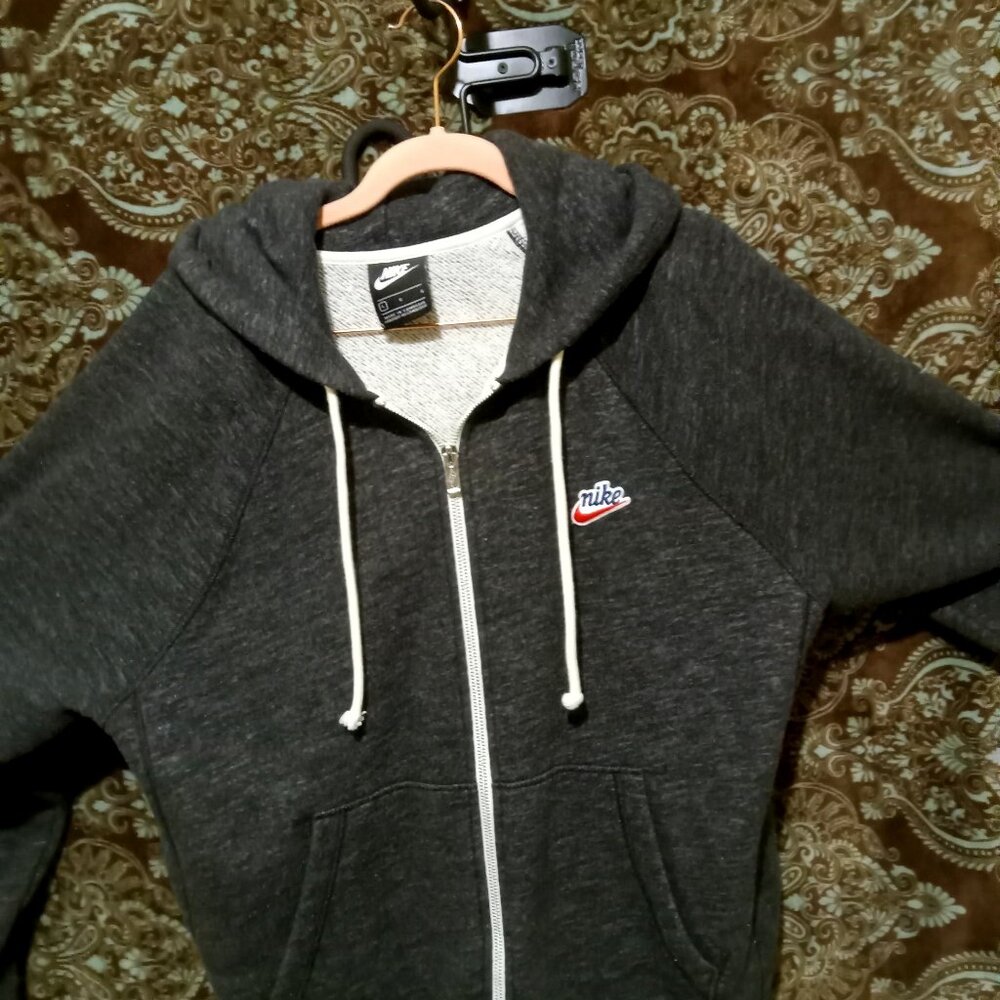 Nike Fluffy Charcoal Zip Front Logo Hoodie - Size LGG Classic Logo